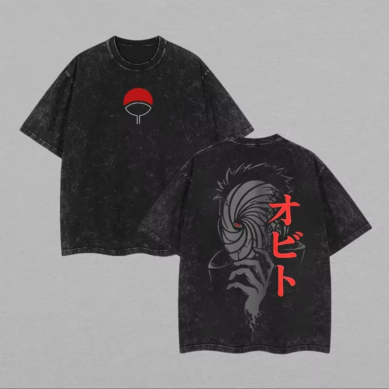 Acid Wash Vintage Graphic T Shirt - Camiseta Masculina Naruto Obito Uchiha com