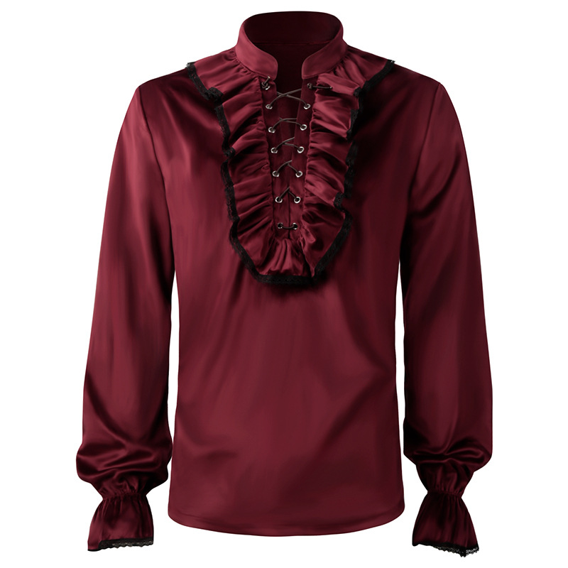 Medieval Gothic Lace Up Pirate Shirt - Vermelho rendas até babados lanterna mangas
