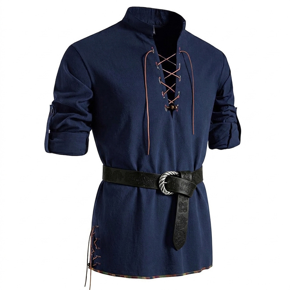 Medieval Gothic Lace Up Pirate Shirt - Camisa Vintage Masculina de Algodão, Manga