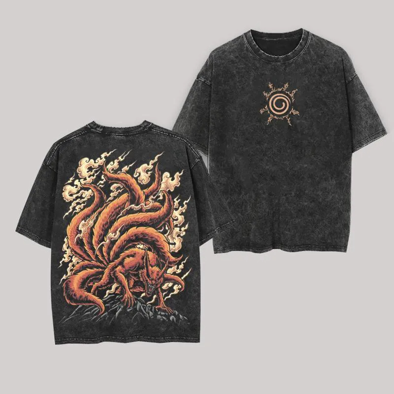 Acid Wash Vintage Graphic T Shirt - Camiseta Masculina Kurama Kyuubi Naruto Vintage