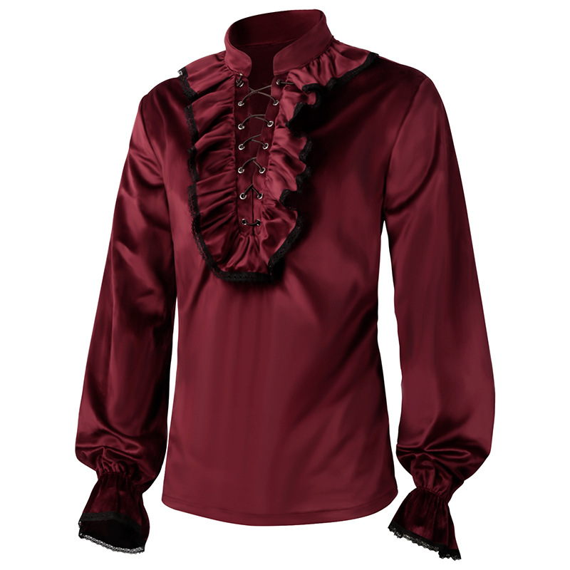 Vermelho rendas até babados la - Medieval Gothic Lace Up Pirate Shirt avaliação e preço