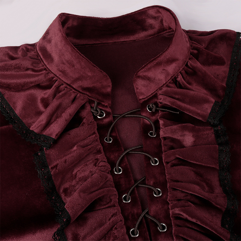 Vermelho rendas até babados la - Medieval Gothic Lace Up Pirate Shirt avaliação e preço