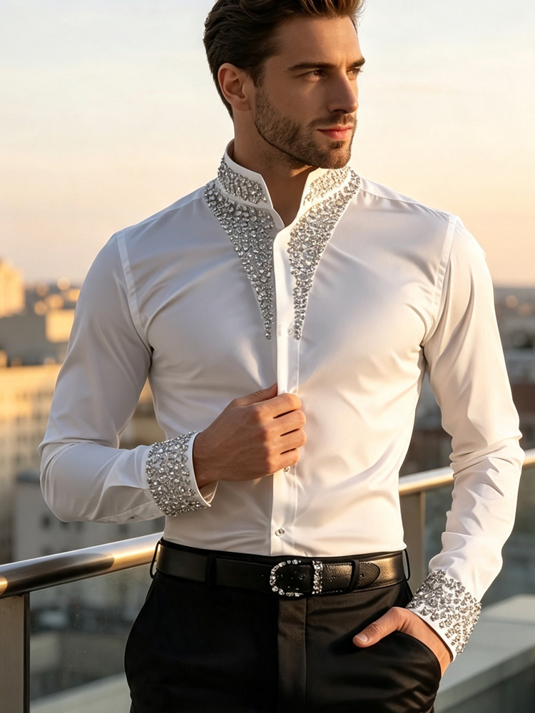 Camisa Social Masculina Casual - Mandarin Collar Formal Shirt Slim Fit avaliação e preço