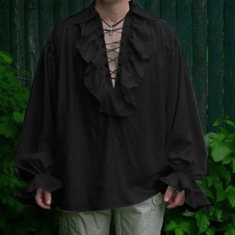 S-5XL medieval pirata hallowee - Medieval Gothic Lace Up Pirate Shirt avaliação e preço