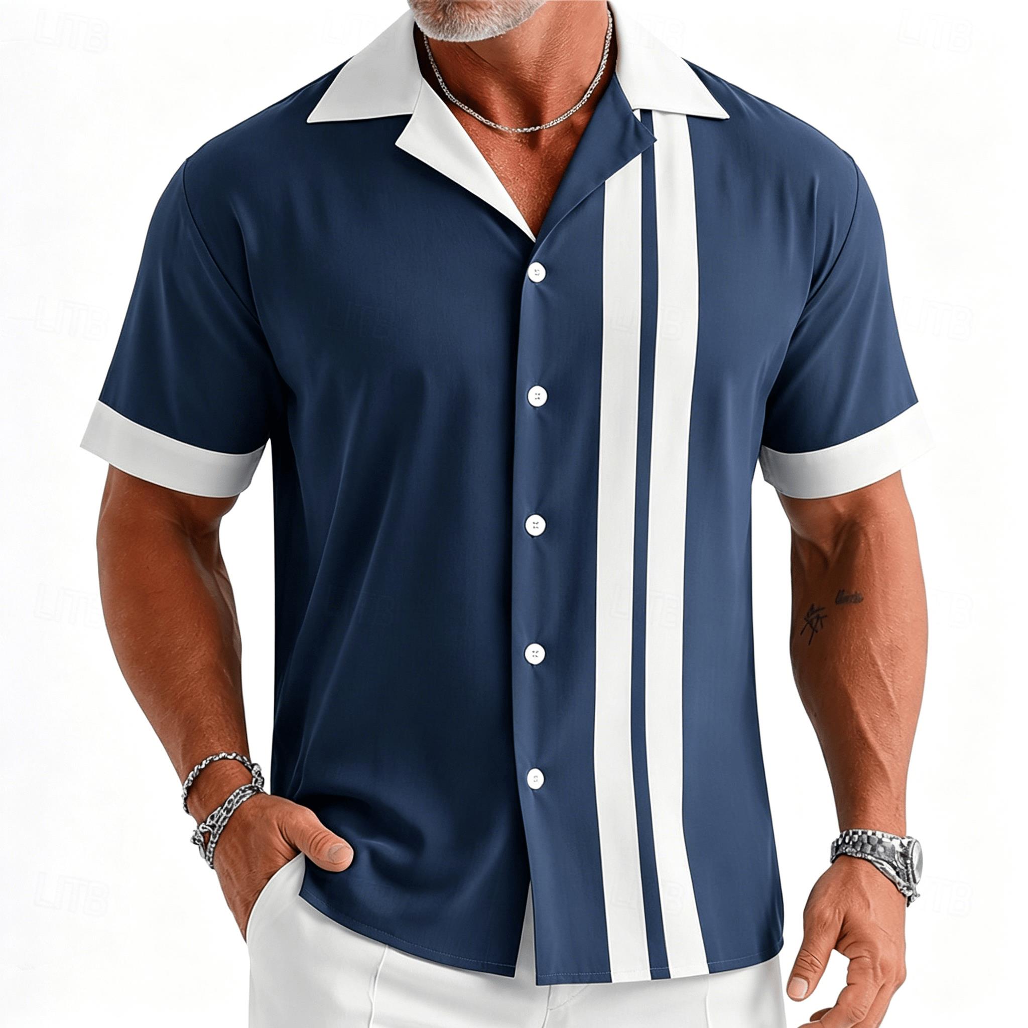 Camisa masculina vintage azul  - Short Sleeve Bowling Shirt Retro avaliação e preço