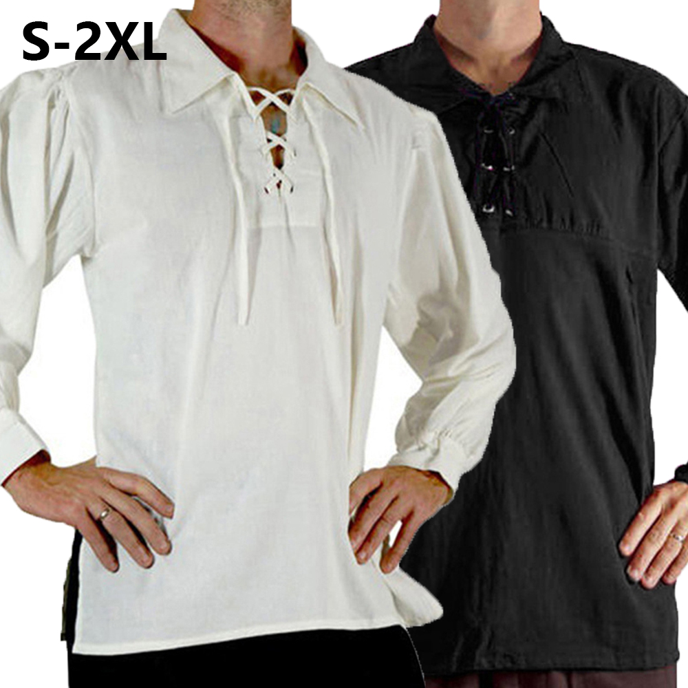 Homens medieval renascentista  - Medieval Gothic Lace Up Pirate Shirt avaliação e preço