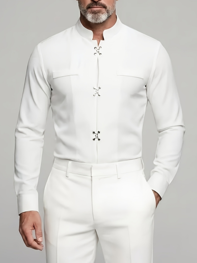 Camisa de Luxo Masculina com G - Mandarin Collar Formal Shirt Slim Fit avaliação e preço